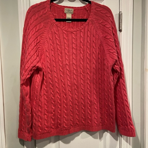L.L. Bean Size XL Pink Crew Neck Long Sleeve Cotton Cable Knit Fisherman Sweater - Picture 1 of 9